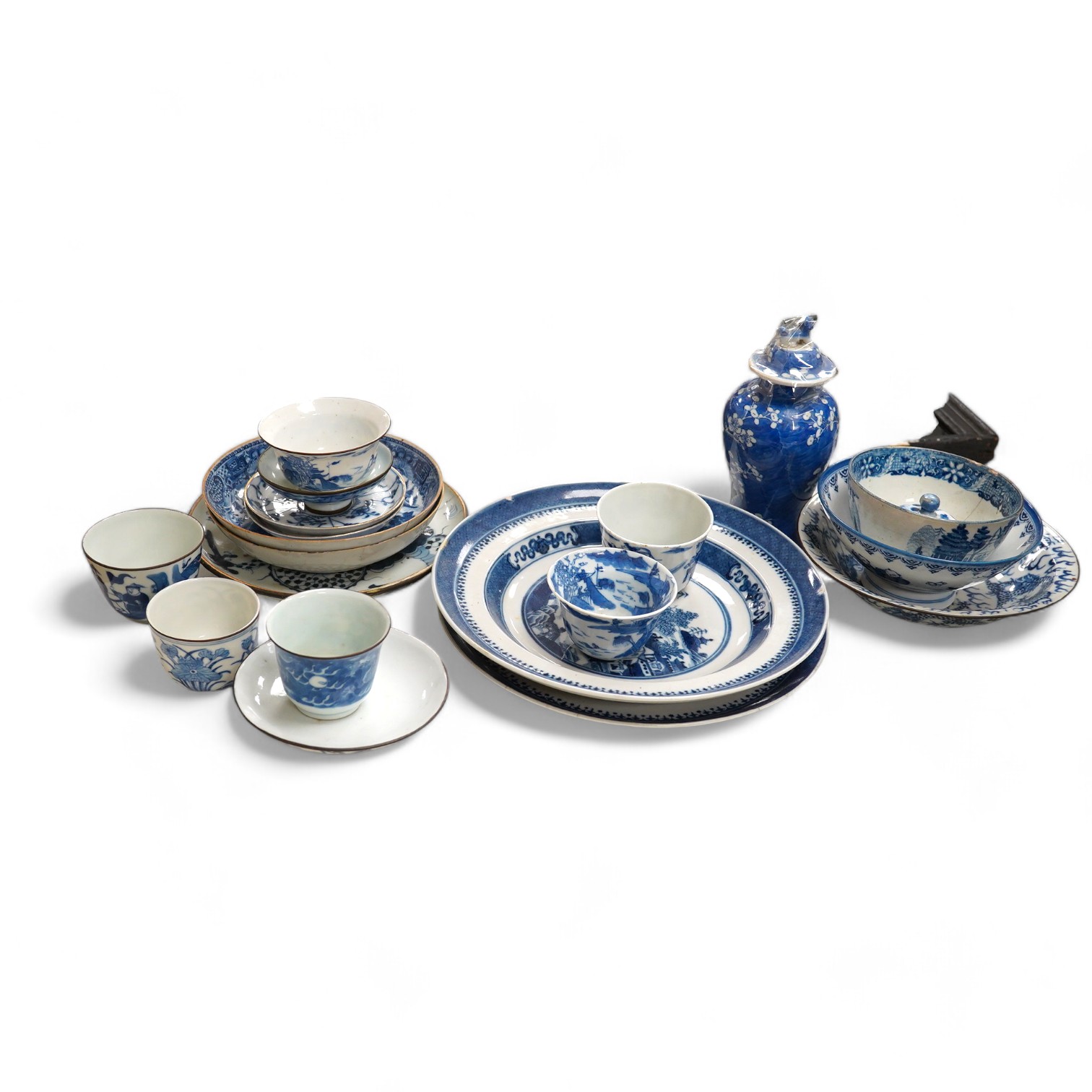 A group of assorted Chinese blue and white tableware. Largest 25cm. Condition - poor to fair